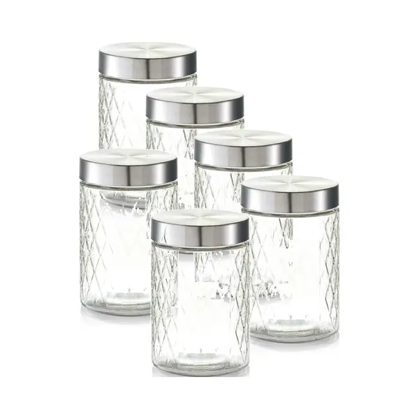 Zeller Keuken Voorraadpotten / Bewaarpotten - 6x - 1200 Ml - Geruit Glas - 11 X 17 Cm thumbnail