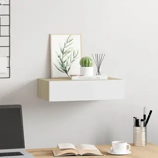 VidaXL Wall-Mounted Drawer Shelf, Oak And White, 40x23.5x10cm, Mdf And Metal, Modern Decor For Living Room, Ample Storage Space, Assembly Required,