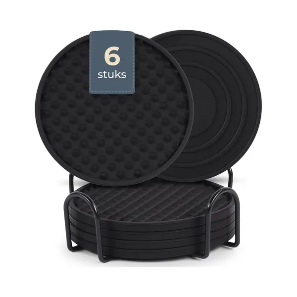 Castagnola Silikon-Untersetzer - Untersetzer Für Gläser - Design-Untersetzer Mit Halter - Untersetzer-Set - Anti-Rutsch - 6er-Set - Schwarz thumbnail