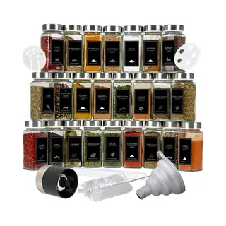 Comforder 24 Glazen Kruidenpotjes - Set Met Deksel En Kruidenmolen - Kruidenstrooier Vierkant Met Strooideksel - Bedrukte Stickers, Trechter En Meer