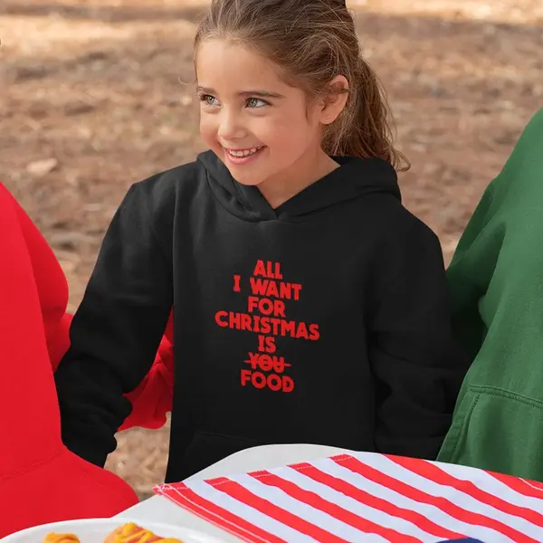 B&C Kerst Hoodie Zwart Kind - All I Want For Christmas Is Food Red (3-4 Jaar - Maat 98/104) - Kerstkleding Voor Jongens & Meisjes thumbnail