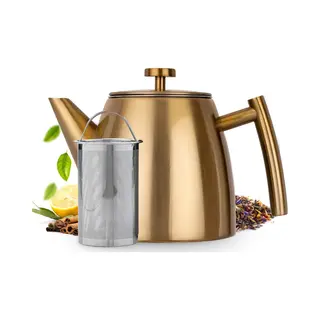 VajaTRends Vaja® Theepot Juliette Goud - Dubbelwandig - 1 Liter - Rvs Theekan Met Filter & Warmhouder