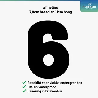 Plakkers Cijfersticker Nummer 6 Zwart - Brievenbus - Container - Deur