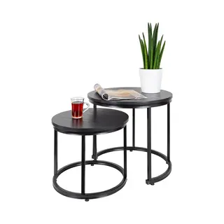 Casamoda Salontafel Set Van 2 - ø 43/53 Cm - Hoogte 36/43 Cm - Bijzettafel Rond - Salon Tafel Industrieel - Tafelblad Hout - Salontafel Zwart