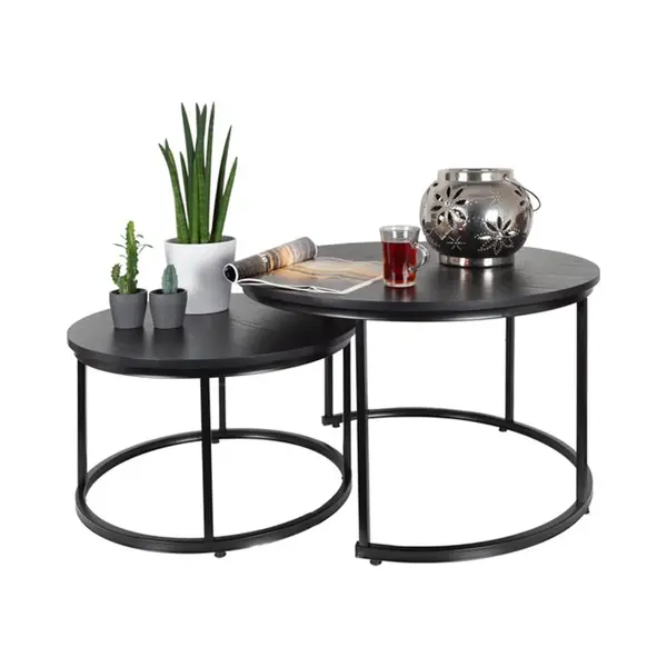 Casamoda Salontafel Set Van 2 – ø 58/75 Cm - Hoogte 36/45 Cm - Bijzettafel Rond - Salon Tafel Industrieel - Tafelblad Hout - Salontafel Zwart thumbnail