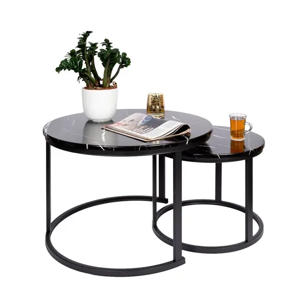 Casamoda Salontafel Set Van 2 - ø 70/50 Cm - Hoogte 45/38 Cm - Bijzettafel Rond - Salon Tafel Industrieel - Tafelblad Hout - Zwart Marmer thumbnail