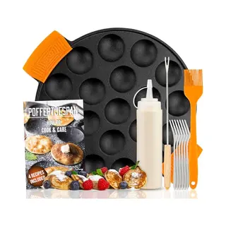 Irono Poffertjespan Set - Incl. Doseerfles, Keervork En 6 Vorkjes - Poffertjespan Inductie En Electrisch - Poffertjesmaker 19 Poffertjes - Gietijzeren