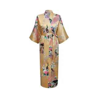 Kimu® Kimono Goud Maxi - Maat M-L - Yukata Satijn Lang - Lange Gouden Ochtendjas Japanse Kamerjas Sexy Satijnen Badjas Geisha Vogels Dames Bloemetjes