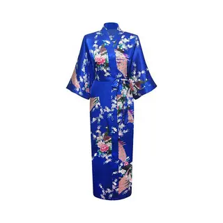 Kimu® Kimono Konings Blauw Maxi - Maat M-L - Yukata Satijn Lang - Lange Blauwe Ochtendjas Japanse Kamerjas Sexy Satijnen Badjas Geisha Vogels Dames