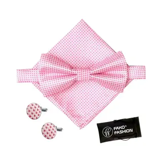 Fako Fashion - Vlinderstrik, Pochette & Manchetknopen Blok - Vlinderdas - Strikje - Pochet - Geblokt - Roze