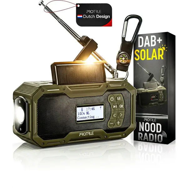 ProTrue Noodradio Solar Opwindbaar - Dab+ / Am / Fm Nood Radio - 5000 MAh Powerbank Zonneenergie - Bouwradio - Badkamer Radio - Noodpakket thumbnail