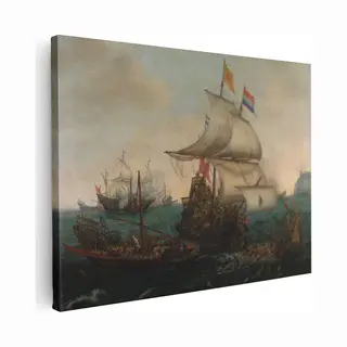 Artaza Canvas Schilderij Hollandse Schepen Overzeilen Spaanse Galeien - Hendrik Cornelisz. Vroom - 120x90 - Groot - Kunst - Wanddecoratie