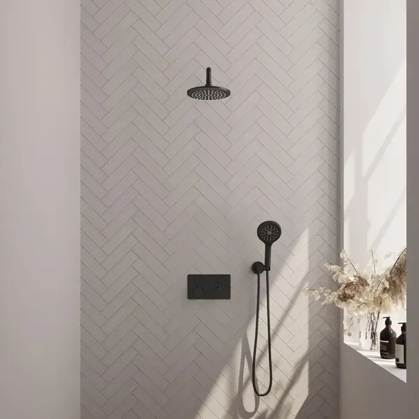 Brauer Black Edition Thermostatische Inbouw Regendouche Met Drukknoppen Set 57 Met 20 Cm Douchekop En Gebogen Muurarm En 3-standen Handdouche En thumbnail