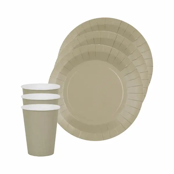 Santex Feest/verjaardag Servies Set - 10x Gebaksbordjes En Bekertjes - Taupe - Karton thumbnail