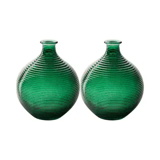 Jodeco Bloemenvaas/flesvaas - 2x - Groen - Bolvorm Met Ribbel - D16 X H20 Cm