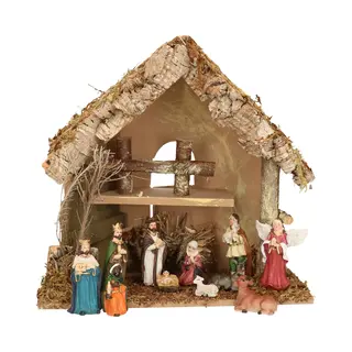 Complete Kerststal Met 11x St Kerststal Beelden - 30 X 18 X 26 Cm - Hout/mos/polyresin