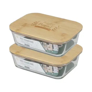 Bambou & Co Voedsel Bewaarbakje/vershoudbakje - 2x - Bamboe Deksel - 1000 Ml - Ovenbestendig Glas - 20 X 15 X 6 Cm