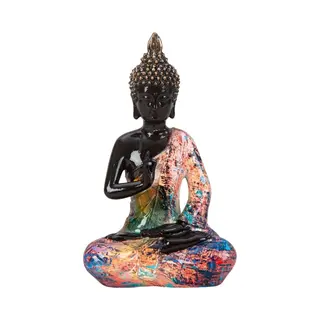 Boeddha Beeld Colorfull - Binnen/buiten - Kunststeen - Zwart/kleurenmix - 16 X 26 Cm