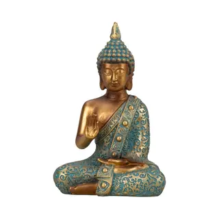 Boeddha Beeld Shaman - Binnen/buiten - Kunststeen - Goud/jade - 10 X 14 Cm