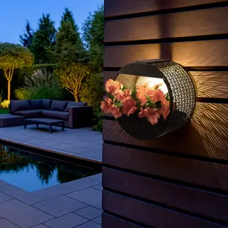 RexTech Solar Wandlamp Buiten 'Flor' - Wandlamp Met Plantenbakje - Rond - Solar Tuinverlichting - Tuinverlichting Op Zonne-energie