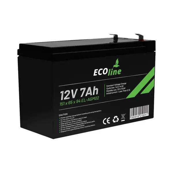 EcoLine - Agm 12V 7AH - 7000mAh Vrla Batterij - 151 X 65 X 94 - Deep Cycle Accu. thumbnail