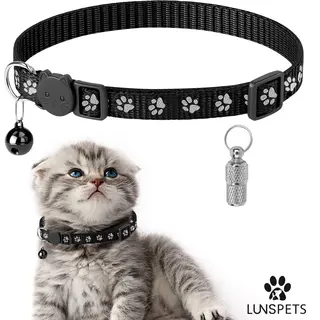 Lunspets – Reflecterende Kattenhalsband Met Veiligheidssluiting En Adreskoker – Met Pootafdruk - Zwart