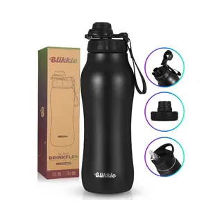 Blikkie® Premium Rvs Sportfles 1 Liter – Driedubbel Geïsoleerde Waterfles Met Rietje – Sport Drinkbeker – Hyrox Drinkfles – 3 Doppen –