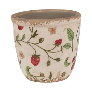 Clayre & Eef Blumentopf Ø 11x10 Cm Beige Rot Keramik Erdbeeren Innenblumentopf