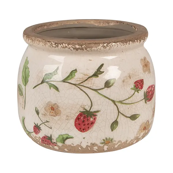 Clayre & Eef Bloempot Ø 12x10 Cm Beige Rood Keramiek Aardbeien thumbnail