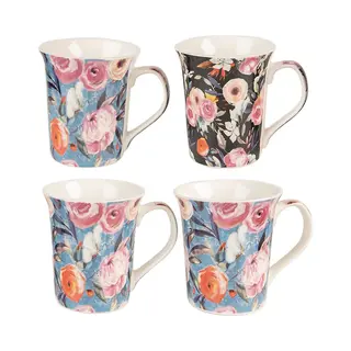 Clayre & Eef Mok Set Van 4 300 Ml Blauw Roze Porselein Bloemen