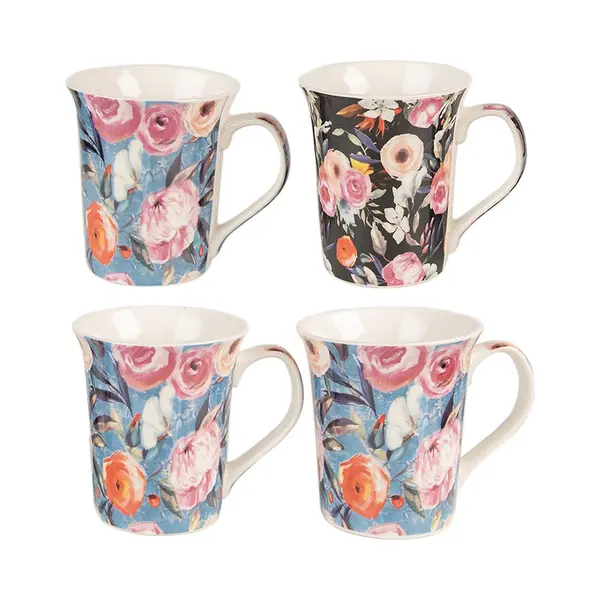 Clayre & Eef Mok Set Van 4 300 Ml Blauw Roze Porselein Bloemen thumbnail