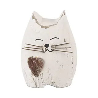 Clayre & Eef Decoratie Beeld Kat 6x4x7 Cm Wit Bruin Hout