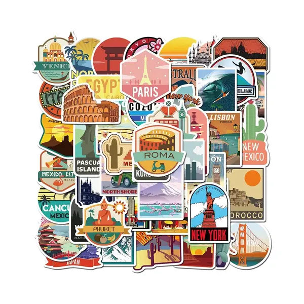 *** 50 Stickers Voor Reizen En Landen - Outdoors - Voor Laptop, Auto, Busje, Journal, Muur, Etc.- Vakantie Van Heble® *** thumbnail