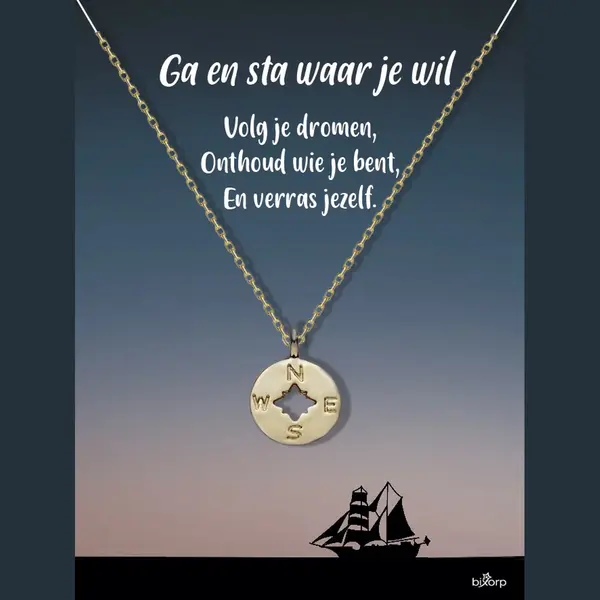 Bixorp Luck Kompas Cadeau Ketting - 18k Verguld Goud Stainless Steel - Cadeau Voor Succes / Geluk / Afscheid thumbnail