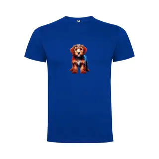 Kobalt Blauw T-Shirt Met “Kleurrijke Staande Labradoodle Pup “ Print Full Color Maat 140 9/10 Jaar