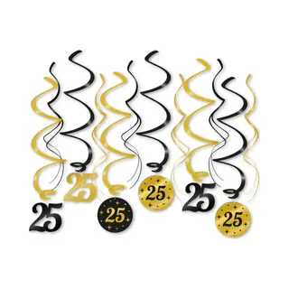 Q2P – 25 Jaar Slingers – Zwart & Gouden Hangdecoratie – Verjaardag Versiering – Feest Swirl – 12 Stuks