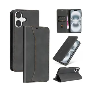 Podec Hoesje Met Pasjeshouder Geschikt Voor IPhone 16 - Zwart - Telefoonhoesje - Anti-Shock Bookcase Cover Met 1x Screenprotector - Wallet Case