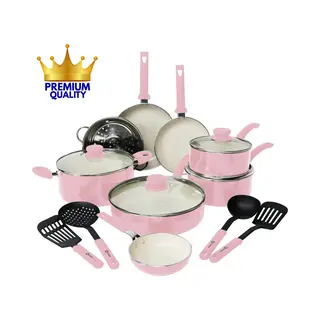 Coock 22-Delige Pannenset - Speciale Anti-Aanbak Coating - Ergonomische Koudgrepen - Gerecycled Aluminium - Koekenpannenset - Kookpottenset - Roze -