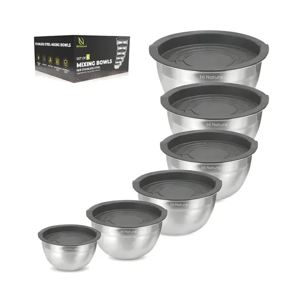 Hi Nature™ Rührschüssel Set Mit Deckel Edelstahl – 6-teiliges Edelstahl Rührschüssel Set Mit Deckel – Schüsselset Rutschfest & Stapelbar thumbnail