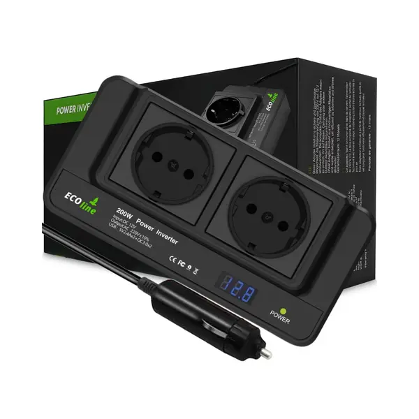 EcoLine - Auto Omvormer 12V Naar 220V/230V - 200W Autolader - Stopcontact Voor In De Auto Met 4x Usb - Splitter. thumbnail