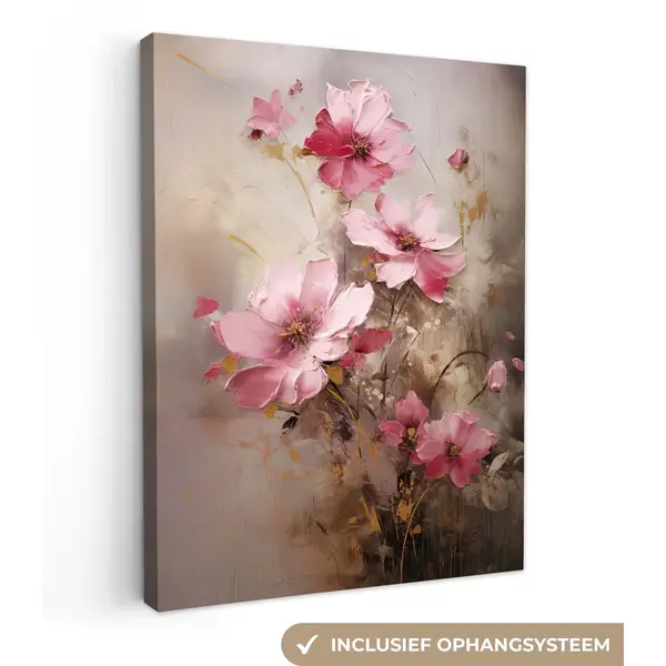 OneMillionCanvasses Canvas Schilderij 120x160 Cm - Wanddecoratie Bloemen - Roze - Kunst - Watercolor - Muurdecoratie Woonkamer - Slaapkamer Decoratie - Kamer Accessoires thumbnail