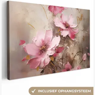 OneMillionCanvasses Canvas Schilderij 140x90 Cm - Wanddecoratie Bloemen - Roze - Kunst - Watercolor - Muurdecoratie Woonkamer - Slaapkamer Decoratie - Kamer Accessoires -