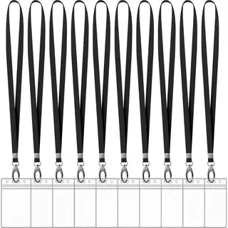 KeyAmor 10 Stuks Lanyard Sleutelhangers Met 10 Badgehouders - Zwart Nekkoord - Keycord Pashouder - Kaarthouder Met Keykoord - Badge Houder Voor Kaart/Sleutels