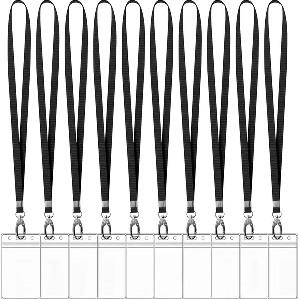KeyAmor 10 Stuks Lanyard Sleutelhangers Met 10 Badgehouders - Zwart Nekkoord - Keycord Pashouder - Kaarthouder Met Keykoord - Badge Houder Voor Kaart/Sleutels thumbnail