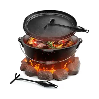 Muntel® Dutch Oven - Gietijzer - Bakpan - Kookpan - 7, 5 L - Multifunctioneel - Braadpan - 3 Delig - Draaggreep - Zwart