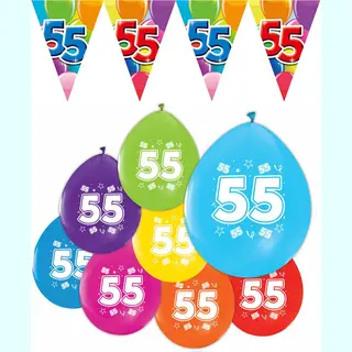 We Fiesta Feestpakket 55 Jaar / 8 Ballonnen En 1 Vlaggenlijn 10 Meter - Versiering Slinger Feestdecoratie Decoratie Verjaardag Jubileum Ballon Feest