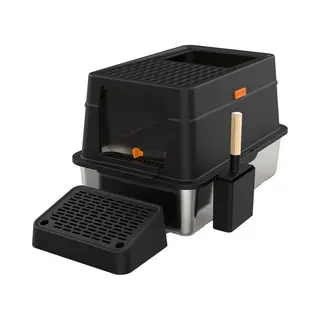 Cellavi Premium Kattenbak Rvs - Xl - Geschikt Voor Grote En Kleine Katten - Incl. Kattenbakschep En Grit Opvanger - Zwart - 60x40x38 Cm