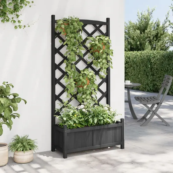 VidaXL Planter With Trellis - Black Solid Fir Wood For Outdoor Garden And Patio Use, 75x35x150 Cm, Assembly Required, Versatile Climbing Plant Support thumbnail