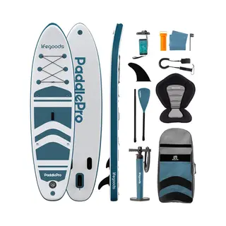 LifeGoods PaddlePro Sup Board - Met Zitje - Opblaasbaar Paddle Board - Complete Set - Max. 135KG - 320x81cm - Wit/Deep Aqua