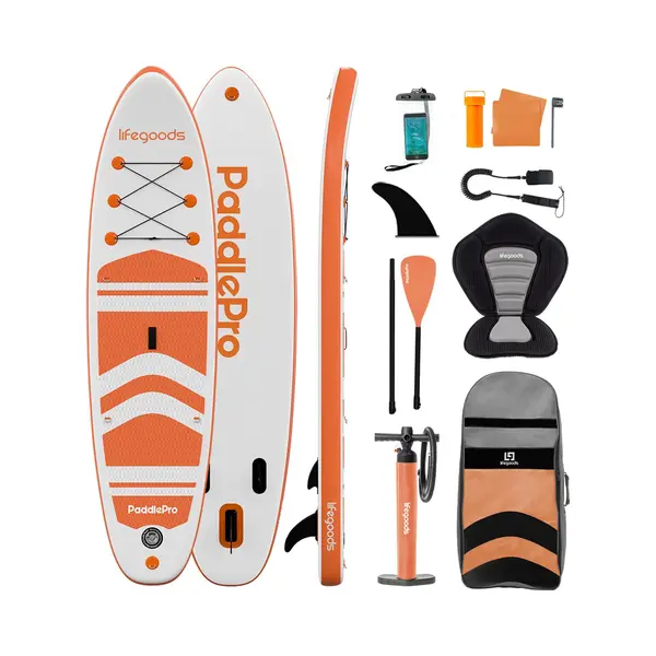 LifeGoods PaddlePro Sup Board - Mit Sitz - Aufblasbares Paddle Board - Komplettset - Max. 135KG - 320x81cm - Weiß/Orange thumbnail